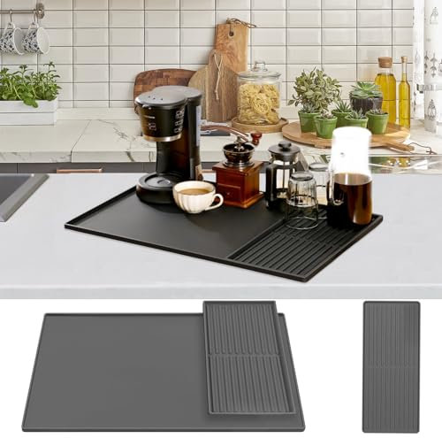 Silicone Coffee Machine Mat 2 in 1,Detachable Large Coffee Maker Tray with Raised Edges,Dish Drying Mat Counter Protector, Multi-Functional Base Mat for Under Coffee Machines Bar Wine Cabinet 61x40cm