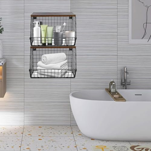 HUOLE Panier a Fruit Etagere de Murale Cuisine,2 Etages Corbeille a Fruit, Rangement de Cuisine empilable, avec Un Couvercle en Bois et 4 Crochets pour Fruit Basket pour Rangement Fruits et Légumes