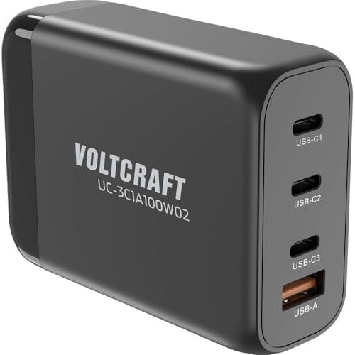 Voltcraft UC-3C1A100W02 USB Ladegerät 100 W 3X USB-C®, 1x USB-A USB PD Schwarz Innenbereich GaN, USB Power Delivery (US