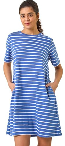 Roman Originals Tunic Dress with Pockets for Women UK Ladies Swing Fit & Flare Skater Slouch Stretchy Casual Smart Winter Jersey Pull On Work Office 3/4 Long Sleeves - Blue Stripe - Size 18