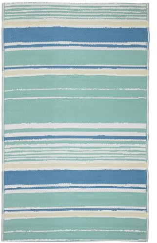 e-floor Outdoor-Teppich Wasserfest, Beidseitig, Schnell trocknend – Ideal für Terrasse, Balkon & Garten – Polypropylen, Flachgewebt Teppich Picknick (Blaue Streifen, 120 x 170 cm)