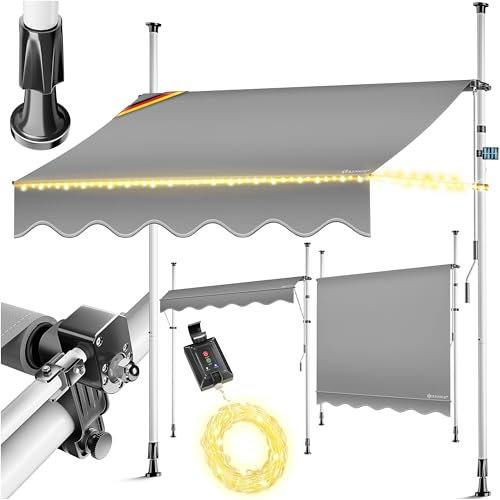 KESSER® Klemmmarkise mit Handkurbel & LED Lichterkette | Balkonmarkise ohne Bohren | Markise UV-beständig höhenverstellbar & wasserabweisend | Sonnenschutz für Balkon Terrasse & Garten 300cm