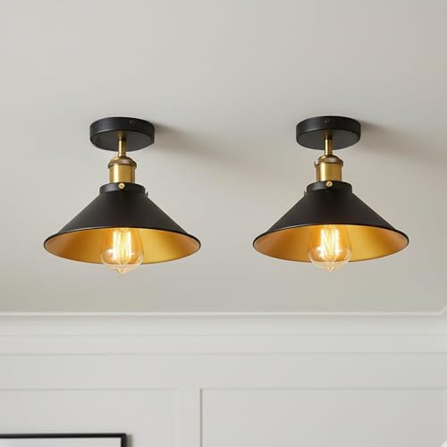Black Gold Semi Flush Ceiling Light 22cm Metal Cone Shade Indoor 2 Pack | E27 vintage ceiling light fittings with bulbs hardwired easy fit industrial for kitchen bedroom hallway living room