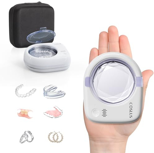 COSLUS C50 Portable Ultrasonic Retainer Cleaner : 50kHz Sonic Tooth Cleaner Cordless -Low Noise Dental Pod for Retainer, Aligner, Mouth Night Guard Deep Cleaning - Travel Home Use (White)