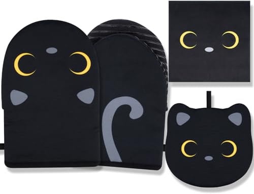 Ofenhandschuhe,Schwarze Katze Kochhandschuhe - 22 X 14 cm | Niedlich Kurz Küchenhandschuhe mit 1 Pcs Topflappen,Weich Schwarze Katzes Topflappen Handschuh Set für Backen Mikrowelle