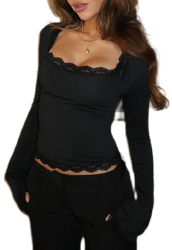 Women Lace Trim Long Sleeve Shirt Fairy Grunge Fitted Crop Top Y2K Low Cut Going Out Tops Vintage Coquette Shirt