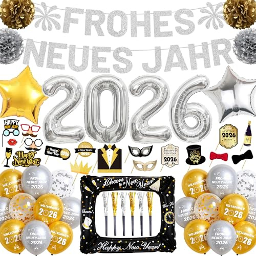 Tasoraor Silvester Deko 2026 Party Set - 56 Stück Neujahr Dekoration Frohes Neues Jahr Girlande Luftballons, Silvesterdeko Folienballon und Foto Requisiten für Silvesterparty (Silber)