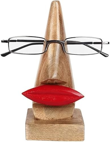 Dugan Supporto per occhiali in legno con design a forma di viso, realizzato a mano con labbra rosse, supporto per occhiali da scrivania, ufficio e comodino, 15,2 x 6,4 cm