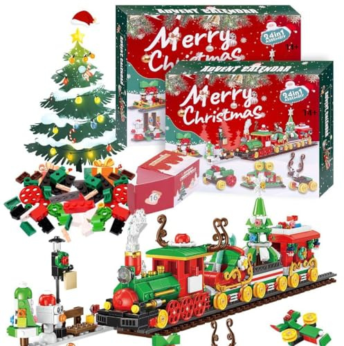 Adventskalender 2025, Weihnachtszug Bausteine 24 Stück Countdown Kalender Spielzeug, 777+ Teile Kreatives Weihnachts Bauset Geschenk für Erwaschene, Jungen, Mädchen