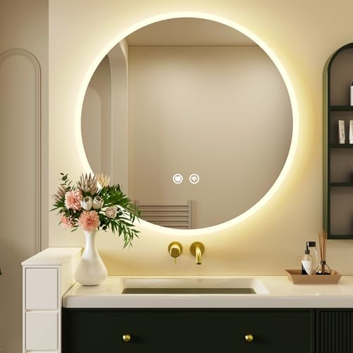 Oyajia 600mm Round Bathroom Mirror with LED Light, Illuminated Wall Mounted Vanity Mirror with Demister, Anti-Fog Large Circle Makeup Mirror, 3-Color Dimmable LED Light, Touch Control