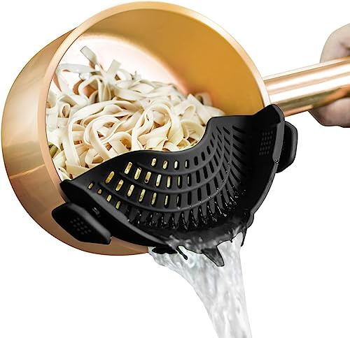 RETZLA Silicone Clip On Strainer for Pots and Pans - Versatile Pasta and Food Strainer for Meat, Vegetables, and Fruit - Kitchen Colander (Black)