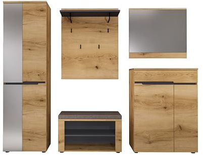 Fargo Garderoben-Kombination Set Flurblock mit Garderobenschrank | Flurset mit Schuhschrank, Garderobenpaneel, Spiegel und Bank, Softclose-Beschläge, grifflose Fronten, FSC-zertifiziert