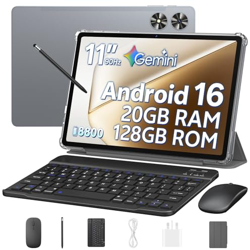 PLOYER 11 Zoll Tablet, Android 16 Tablet with 20GB RAM+128GB ROM (1TB Expandable), Octa-Core, 90 Hz IPS Incell Display, 8800mAh, 13MP+8MP, 5G WiFi, BT5.0, Gemini AI-Tablet mit Tastatur und Maus