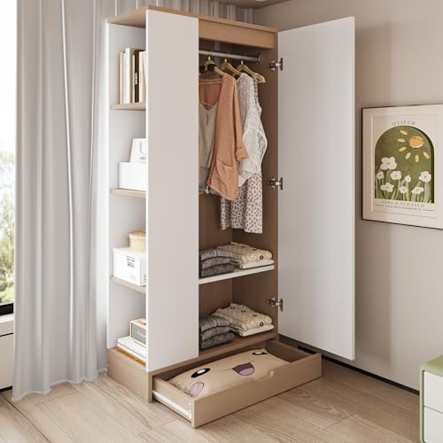 luckdect Armoire de Chambre,Garde-Robe Penderie Meuble Rangement avec Porte et Tiroir,2 Étagères+4 Étagères Ouverte,Tringle à VêTements,Placard Vestiaire Chambre Entrée Bibliothèque Adulte