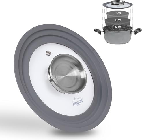 Stoneline®, set universale di coperchi in vetro (con plastica), Acciaio Inox, silicone, 16/18/20