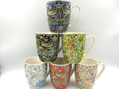 Heron Cross Pottery Abbeydale Collection Set of 6 Aspen China Mugs in Assorted Vintage William Morris Designs
