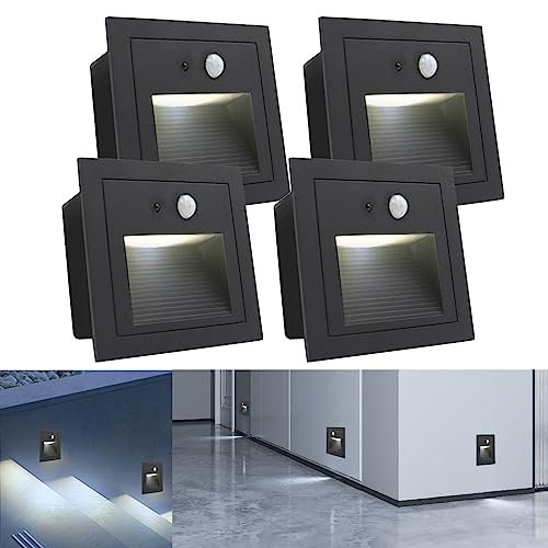 Arotelicht 4er LED Treppenlicht/Treppen-Leuchte mit Bewegungsmelder Kaltweiß 6000K LED Wandleuchte Stufenlicht Beleuchtung Lampe Alu 230V IP65 wasserdicht eckig, Schwarz für Garten, Terrasse, Treppen
