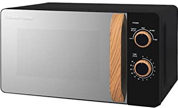 Russell Hobbs RHMM713B-N 17L 700w Scandi Compact Black Manual Microwave with 5 Power Levels, Wood Effect Handle & Dials, Timer, Defrost Setting, Easy Clean