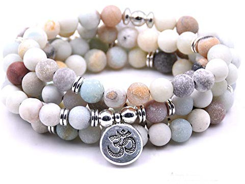 Self-Discovery 108 Naturperlen Mala Yoga Schmuck Meditationsperlen Armband Halskette mit Yoga Symbol Charm (Amazonit (Amazonite))