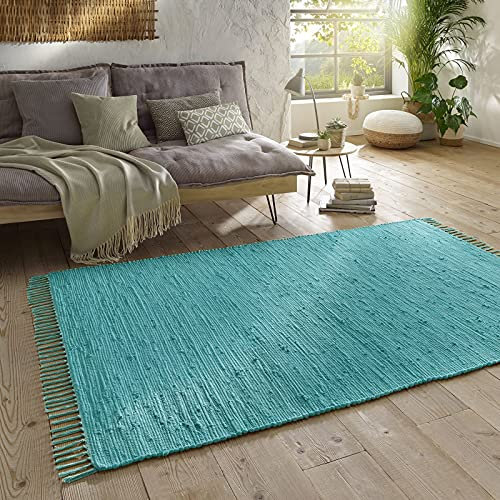 Taracarpet Handwebteppich Läufer Fleckerl Teppich Uni waschbar aus Baumwolle für Wohnzimmer und Küchenteppich 160x230 cm türkis