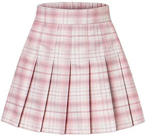 SANGTREE Jupe trapèze plissée à carreaux pour fille et femme, grande taille, avec poches, Plaid rose et blanc, Taille L