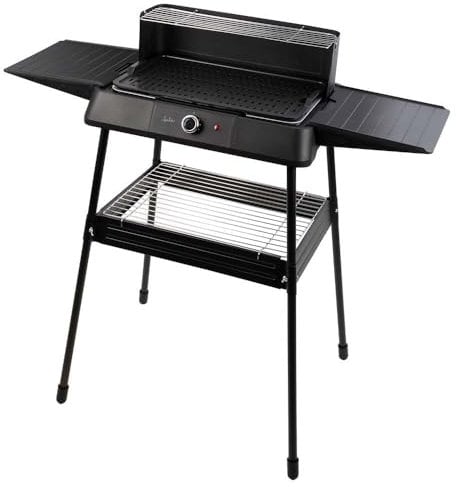 Jata JEBQ1002 Elektrischer Grill mit 2 Kochoptionen: Tisch- oder Standfüße, 400 x 240 mm, abnehmbar, Windschutz mit oberem Gitter, seitliche Halterungen für Arbeitsbereich, Schwarz