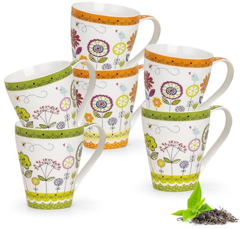 Schönes Tassen 6er Set bunte Blumen in orange & grün - Moderne 300ml Porzellan Kaffeebecher für Cappuccino Kaffee Tee - Außergewöhnliche Kaffeetassen spülmaschinenfest und mikrowellengeeignet