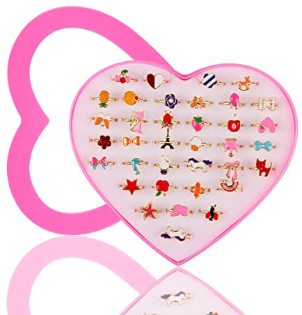 Hillylolly Einstellbare Ringe Kinder, 36 Stück Kindergeburtstag Set, Mädchen Ringe Mitgebsel, Zufällige Stile (A)