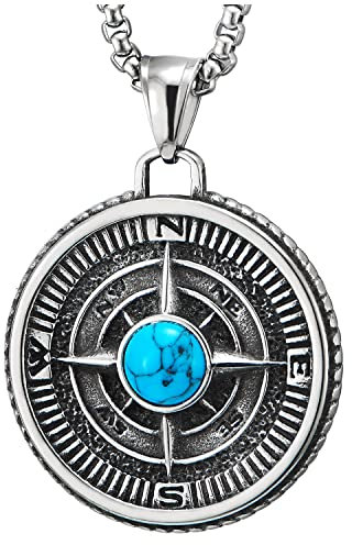 COOLSTEELANDBEYOND Annata Bussola Cerchio Médaille Ciondolo con Pietre Turchese, Collana con Pendente da Uomo Donna, Acciaio, Due Lati