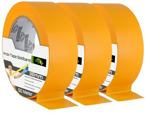 KrokTape Malerkrepp 50m Malerband Gold Kreppband 38mm - Goldband Maler Klebeband Für Scharfe Kanten - Abdeckband für Malerarbeiten und Auto Lackierung [3 Rollen]