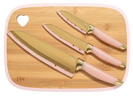 Paris Hilton Wendbares Bambus-Schneidebrett und Besteck-Set mit passenden Messern aus kohlenstoffreichem Edelstahl, Klingenschutz, schlanke, aber bequeme Griffe, 7-teiliges Set, Gold, Rosa