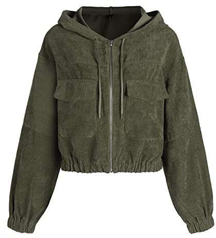 ZAFUL Damen Kurze Jacken College Vintage Cordjacke Herbst Reißverschluß Kapuze Hemdjacke Coat mit Taschen