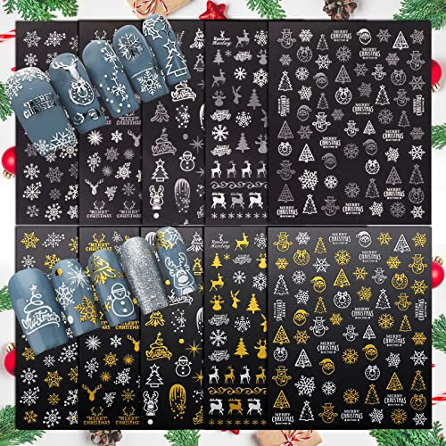 10 Blatt Weihnachten Nagelsticker Selbstklebend 3D Weiß Silber Gold Nagelaufkleber Schneeflocken DIY Nagelkunst Weihnachtsgeschenke Nail Art Aufkleber