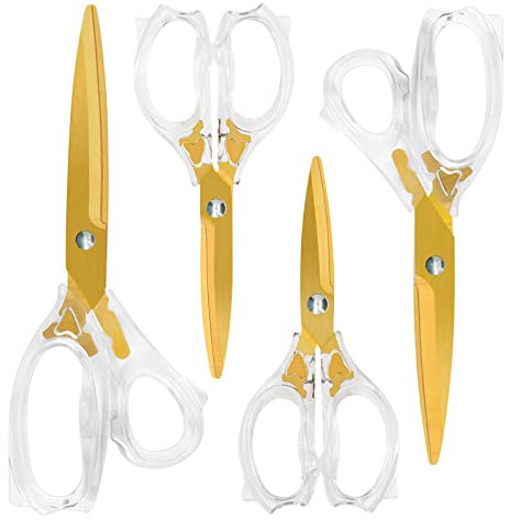 CCR Tijeras,Oro Titanio Recubierto,Tijeras Multiusos,Mangos de ABS Transparente,Hojas Afiladas,Tijeras de Costura Set,Hogar, Oficina,Escuela,Regalos,Juego de 4