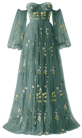Basgute Flower Embroidery Tulle Puffy Sleeve Prom Dresses Long A Line Fairy Maxi Formal Evening Party Gowns for Women, Long-peacock, 4