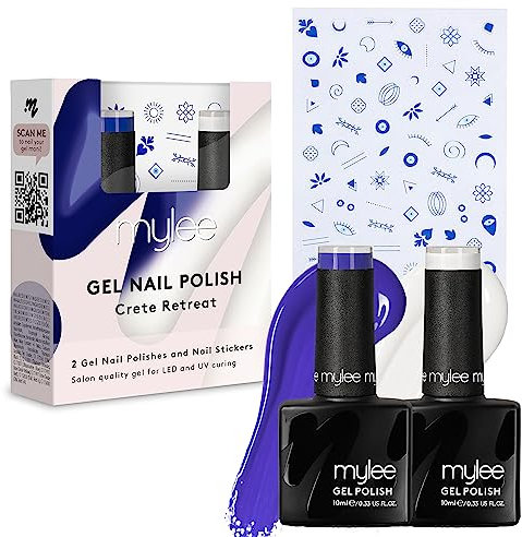 Mylee Gel Nail Polish Duo Colour Set 2x10ml – Crete Retreat – Salon Quality Kit with Nail Art Stickers, UV/LED Manicure Pedicure for Professional, Salon & Home Use, Long Lasting & Easy to Apply