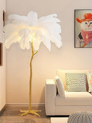 KOSHSH Floor Lamps for Living Room, Modern Luxury Real Resin Ostrich Feather Floor Lamp, Romantic Princess Bedroom Gold Floor Lamp for Bedroom/Dining Room/Living Room with E14 Bulb (White)