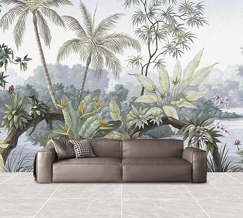 Papier Peint Arbres Tropicaux Panoramique 3D forêt Tropicale Tropicale Cocotier Papier Peint Lac Plante Murale Salon Chambre à Coucher Maison Décoration Intérieure (250x175 cm)