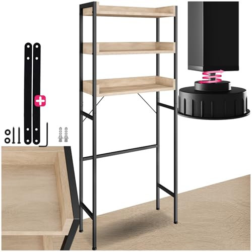tectake Badezimmerregal mit 3 Ablagen, Badregal, Waschmaschinenregal, Industrial Design, Überbauschrank, Regal für Waschmaschine, Toilettenregal, 67 x25 x 165 cm - Industrial Holz hell, Eiche Sonoma
