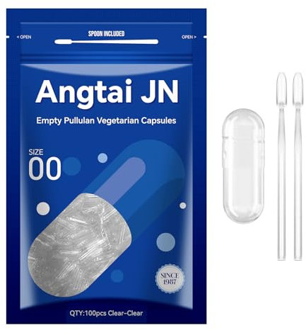 Angtai JN Gélule vide végétale,Pullulan Capsules Taille 00 (100 unités) Gélules Vides à Remplir avec Micro Cuillère,Certifié Casher,Halal,Compatible avec la machine de remplissage de capsule 00