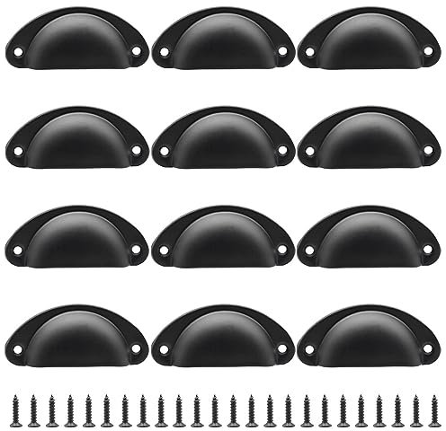 Hocansen 12 PCS Shell Cup Handles 81mm Metal Drawer Pull Handles Black Shell Shape Handle Knobs Semicircle Cup Handle with Screws use for Wardrobe, Cupboard and Drawer (Black/LS-BK)