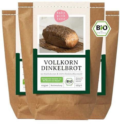 Bio Dinkelvollkornbrot Backmischung - Brotbackmischung Vollkorn für Dinkelbrot und Körnerbrot - Brotbackautomat geeignet - Bake with Love - (3er Pack)