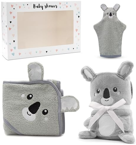 3 Set Geschenk zur Geburt - Babydecke + Kapuzenhandtuch + Baby Waschlappen - Baby Decke wird zusammengerollt zum Kuscheltier - Neugeborenen Geschenk in verschiedene Designs