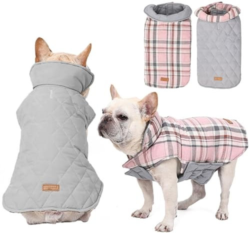 RUYICZB Hundemantel Winter, Hundejacke Für Kleine Mittlere Große Hunde, Wasserdicht Und Warm, Outdoor Mit Geschirr Loch Karierte Wendejacke, Rosa, M