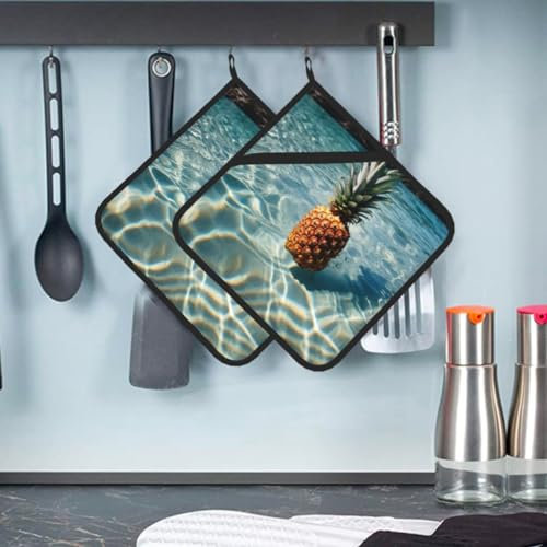 Topflappen-Set, hitzebeständig, für Mikrowelle, Kochen, Backen, Ofen, Geschirr und Grillen, Gelb, Ananas, Blau, Meer, 2 Stück