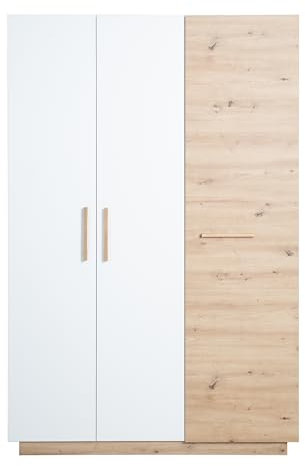 roba Kleiderschrank 'Lion' 3-türig - in Weiß/Holzdekor 'Artisan Eiche' - Griffe aus massiver Eiche - Drehtürenschrank - HxBxT: 200 x 132 x 52,5 cm