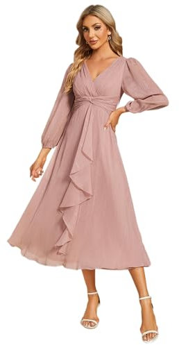 Ever-Pretty Women Dress Ruched V Neck Long Lantern Sleeves Lotus Leaf Fall Bridesmaid Wedding Guest Dresses Dusty Rose 16UK