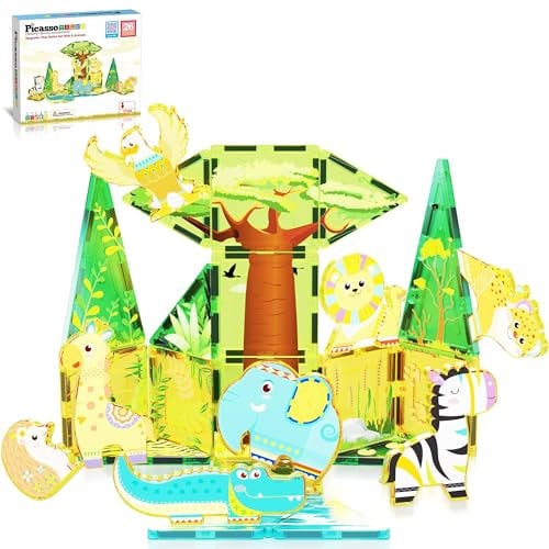 PicassoTiles Magnet Tile Building Blocks Safari Themed Playset with 8 Animal Character Action Figures Magnetic Tiles STEM Learning Imaginative Play Toy Construction Set Preschool Toddler Ages 3+ PTQ22