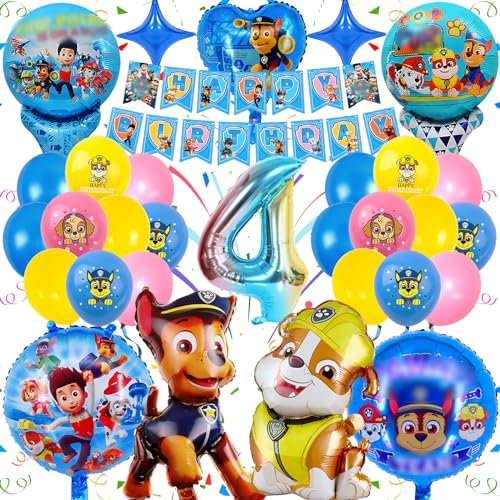 Hundehelden Patrol Geburtstag Deko für 4 Jahre – 31 Stück 3D Cartoon Folienballons, Latexballons, Banner, Umweltfreundlich, lichtecht, Partyzubehör für Kindergeburtstag, Einfach Aufzublasen