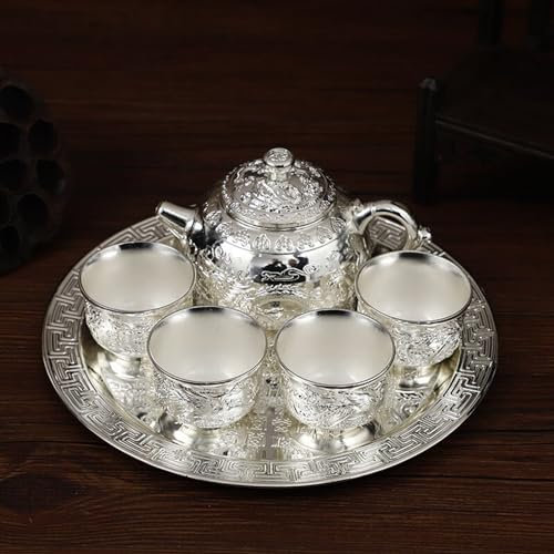 BURLOE Teeservice Aus Zinklegierung Im Vintage Stil, Teekanne Set Türkische Kaffeekanne Exquisites Geschnitztes Elegantes Metall Luxuriöses Reliefmuster,Silber